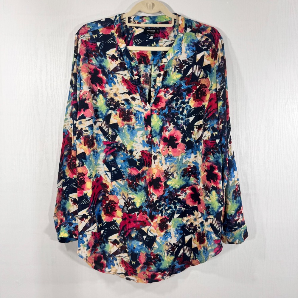 Premise Studio Floral Blouse 2X Multicolor Long Sleeve V-Neck‎ Women's Top
